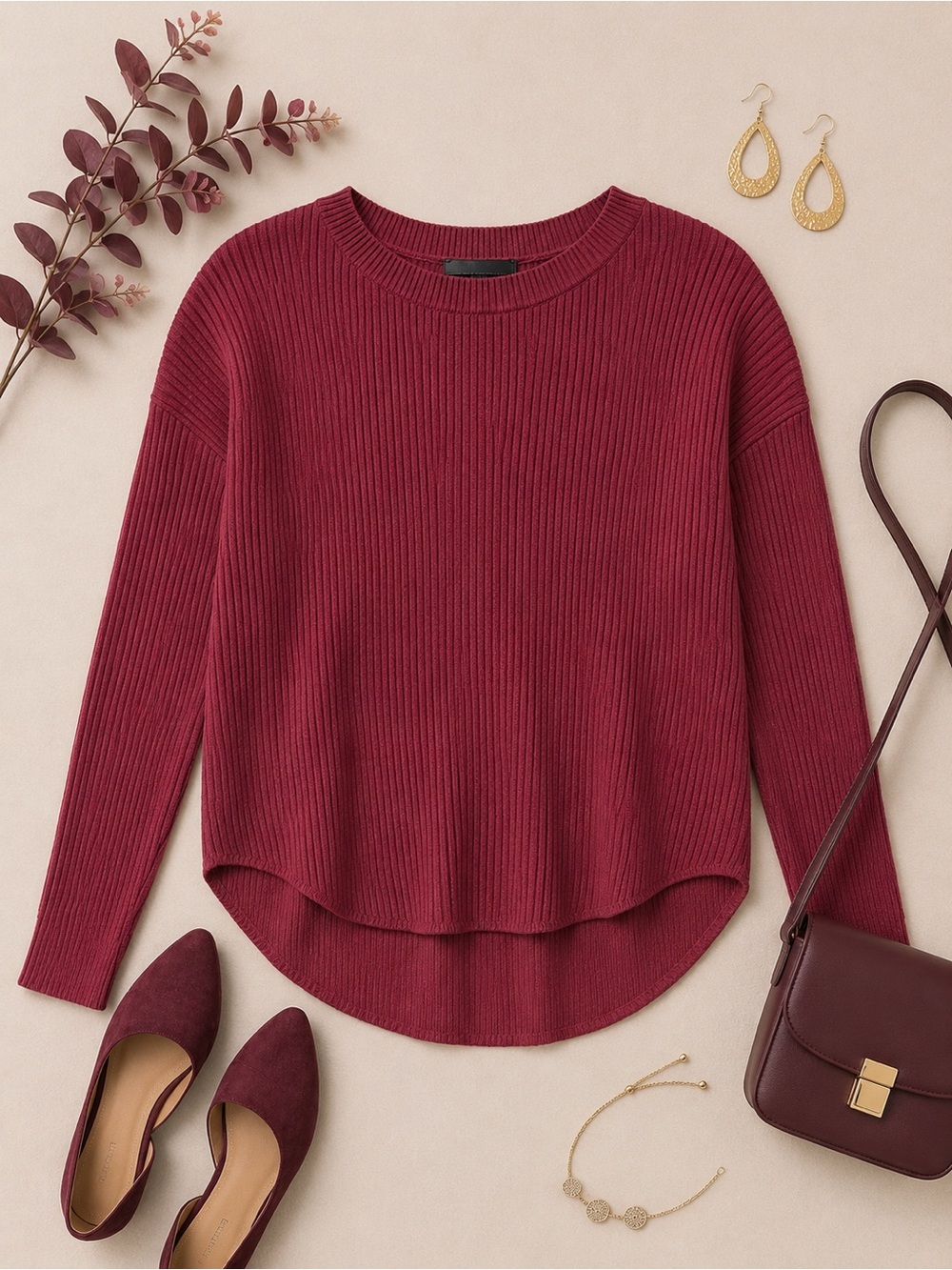 Express Burgundy Ribbed High-Low Sweater Top Size Small